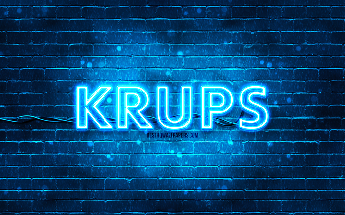 Krups blue logo, 4k, blue brickwall, Krups logo, brands, Krups neon logo, Krups