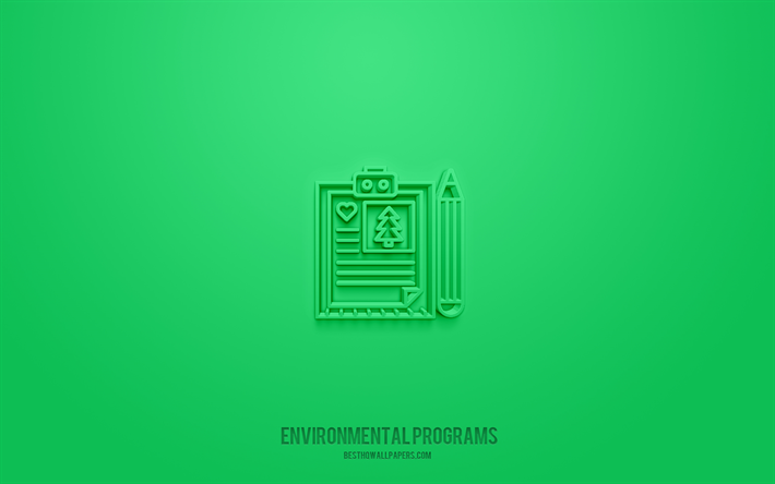 ic&#244;ne 3d de programmes environnementaux, fond vert, symboles 3d, programmes environnementaux, ic&#244;nes d &#233;cologie, ic&#244;nes 3d, signe de programmes environnementaux, ic&#244;nes 3d d &#233;cologie