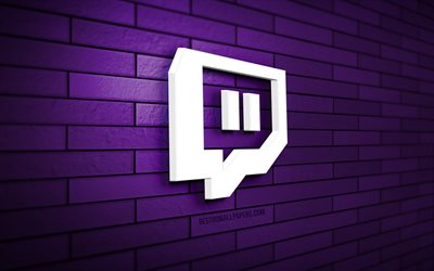 twitch 3d logo, 4k, violeta brickwall, creativo, redes sociales, twitch logo, 3d art, twitch