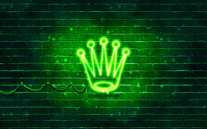 Rolex green logo, 4k, green brickwall, Rolex logo, brands, Rolex neon logo, Rolex