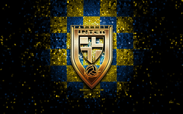 nk inter zapresic, glitter logotipo, hnl, azul amarelo de fundo quadriculado, futebol, croata clube de futebol, inter zapresic logotipo, arte em mosaico, inter zapresic fc