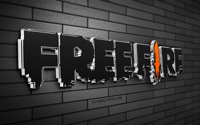 logo garena free fire 3d, 4k, muro di mattoni grigio, creativo, giochi online, logo garena free fire, arte 3d, garena free fire