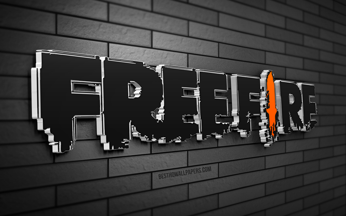 logotipo de garena free fire 3d, 4k, pared de ladrillo gris, creativo, juegos en l&#237;nea, logotipo de garena free fire, arte 3d, garena free fire
