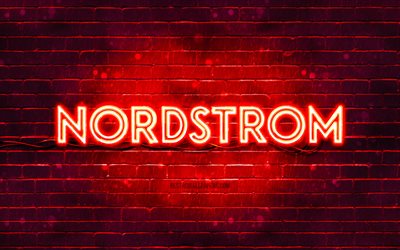 logo nordstrom rosso, 4k, muro di mattoni rosso, logo nordstrom, marchi, logo al neon nordstrom, nordstrom