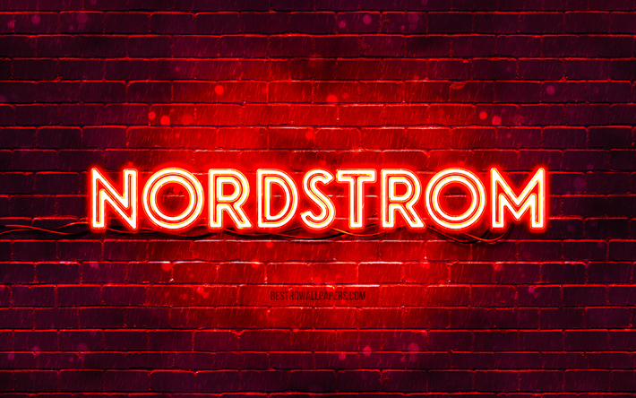 Nordstrom red logo, 4k, red brickwall, Nordstrom logo, brands, Nordstrom neon logo, Nordstrom