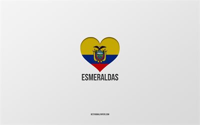 j aime esmeraldas, villes &#233;quatoriennes, jour d esmeraldas, fond gris, esmeraldas, equateur, coeur de drapeau &#233;quatorien, villes pr&#233;f&#233;r&#233;es, love esmeraldas