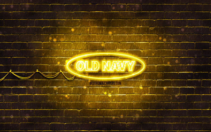 logo old navy giallo, 4k, muro di mattoni gialli, logo old navy, marchi, logo al neon old navy, old navy