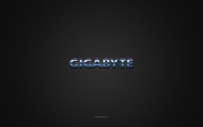 gigabyte-logo, sininen kiilt&#228;v&#228; logo, gigabyte-metallitunnus, harmaa hiilikuiturakenne, gigabyte, tuotemerkit, luova taide, gigabyte-tunnus