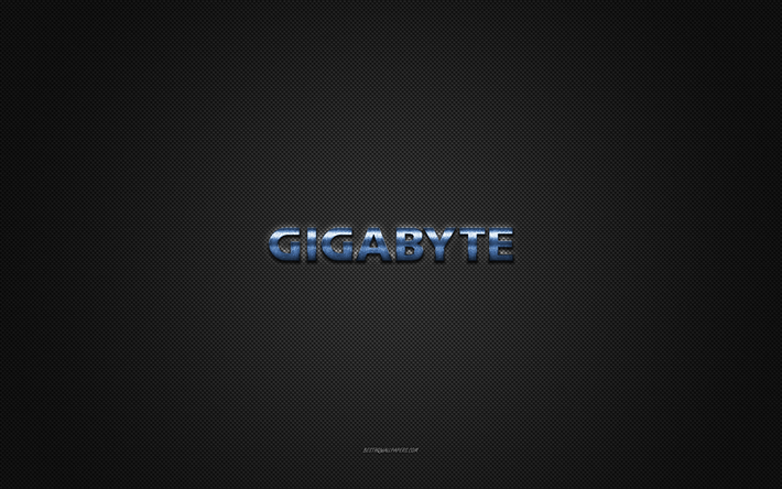 logo gigabyte, logo bleu brillant, embl&#232;me en m&#233;tal gigabyte, texture en fibre de carbone grise, gigabyte, marques, art cr&#233;atif, embl&#232;me gigabyte