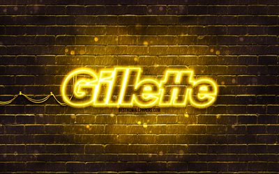 Gillette yellow logo, 4k, yellow brickwall, Gillette logo, brands, Gillette neon logo, Gillette