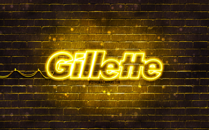 gillette jaune logo, 4k, jaune brickwall, gillette logo, marques, gillette n&#233;on logo, gillette