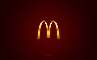 mcdonalds logosu, sarı parlak logo, mcdonalds metal amblemi, kırmızı karbon fiber doku, mcdonalds, markalar, yaratıcı sanat, mcdonalds amblemi