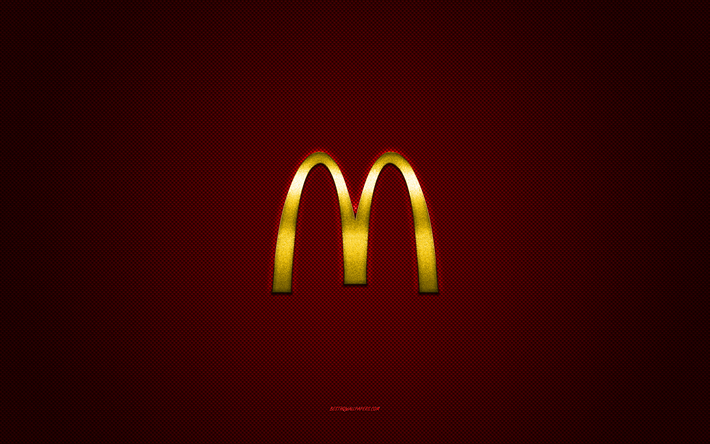 McDonalds logo, yellow shiny logo, McDonalds metal emblem, red carbon fiber texture, McDonalds, brands, creative art, McDonalds emblem