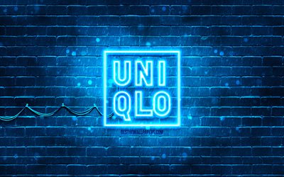 Uniqlo blue logo, 4k, blue brickwall, Uniqlo logo, brands, Uniqlo neon logo, Uniqlo