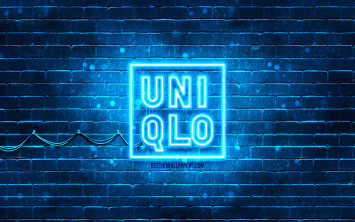 logotipo azul de uniqlo, 4k, pared de ladrillo azul, logotipo de uniqlo, marcas, logotipo de ne&#243;n de uniqlo, uniqlo