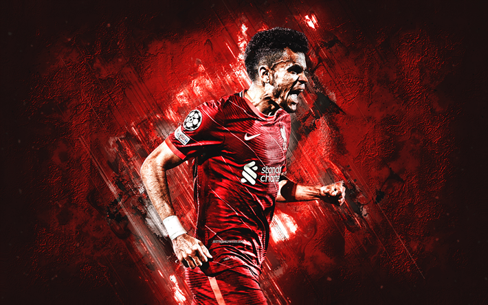Luis Diaz, Liverpool FC, Colombian football player, portrait, red stone background, Premier League, England, football, Luis Diaz Liverpool