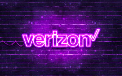 logotipo violeta de verizon, 4k, pared de ladrillo violeta, logotipo de verizon, marcas, logotipo de ne&#243;n de verizon, verizon