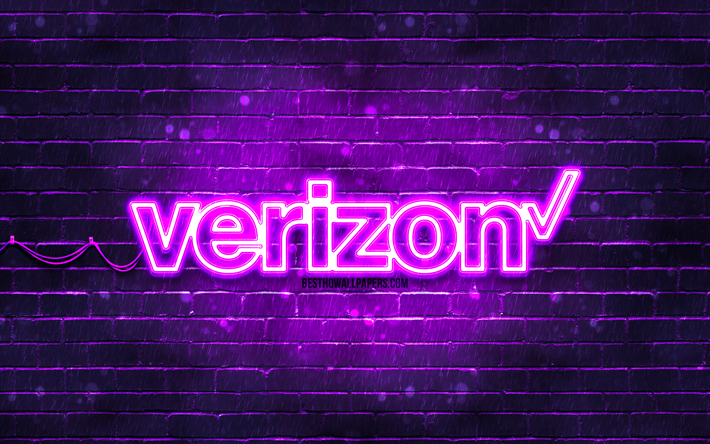logotipo violeta de verizon, 4k, pared de ladrillo violeta, logotipo de verizon, marcas, logotipo de ne&#243;n de verizon, verizon