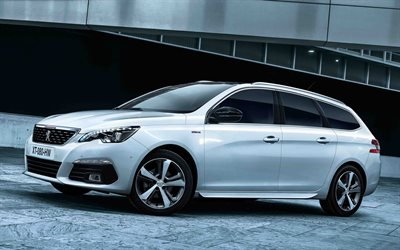 Peugeot 308 SW, 2018, White wagon, french cars, Peugeot