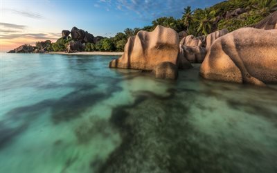 Seychelles, sunset, rocks, beach, Indian Ocean, travel, vacation, tropical islands, palm trees