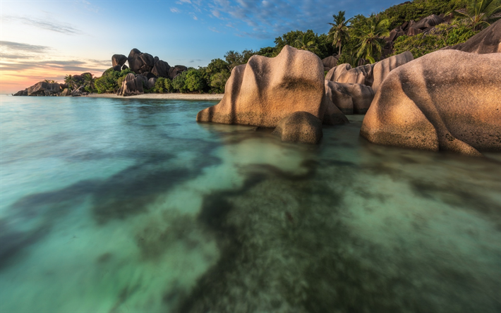 Seychelles, p&#244;r do sol, rochas, praia, Oceano &#205;ndico, viagens, f&#233;rias, ilhas tropicais, palmeiras