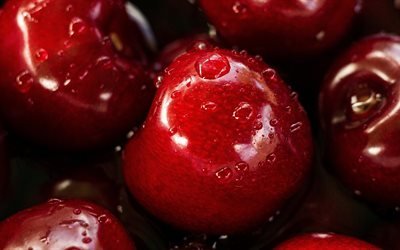 cherry, 4k, bacche, frutti, close-up, rugiada