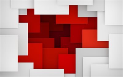 valkoiset neli&#246;t, 4k, geometria, nauhat, puna-valkoiset neli&#246;t