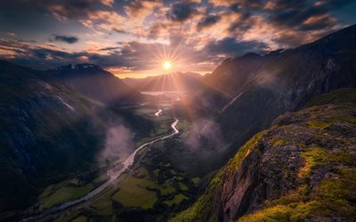 montanhas, p&#244;r do sol, noite, vale, Noruega, Litlefjell, Romsdalen