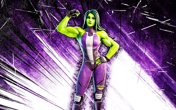 4k, She-Hulk, arte grunge, Fortnite Battle Royale, Personagens Fortnite, She-Hulk Skin, raios abstratos violeta, Fortnite, She-Hulk Fortnite