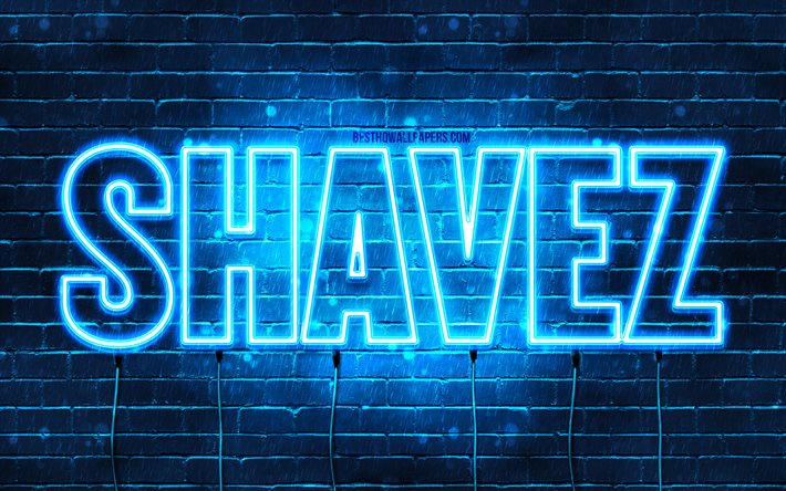 Shavez, 4k, fonds d&#39;&#233;cran avec des noms, nom Shavez, n&#233;ons bleus, joyeux anniversaire Shavez, noms masculins arabes populaires, photo avec nom Shavez