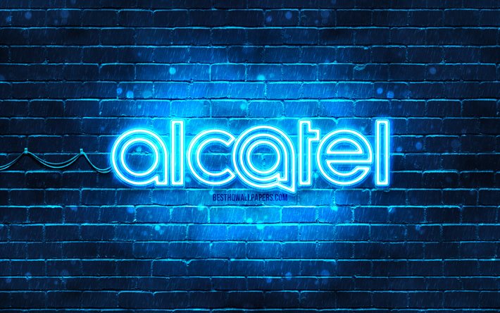 Alcatel logo blu, 4k, muro di mattoni blu, logo Alcatel, marchi, logo Alcatel neon, Alcatel