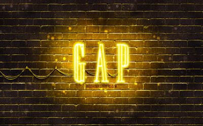 GAP keltainen logo, 4k, keltainen tiilisein&#228;, GAP-logo, muotimerkit, GAP-neon-logo, GAP