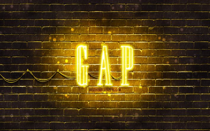 Logo jaune GAP, 4k, mur de briques jaune, logo GAP, marques de mode, logo n&#233;on GAP, GAP