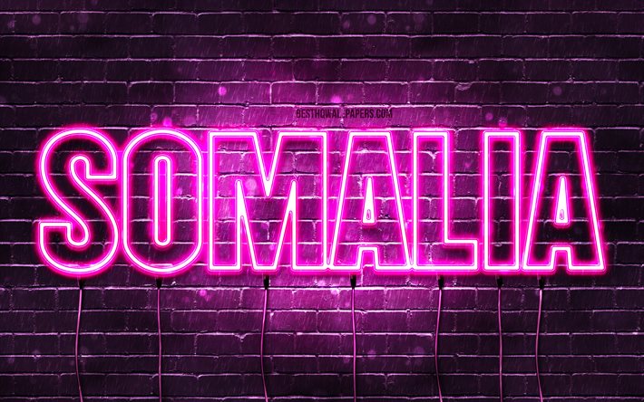 Somalia, 4k, wallpapers with names, female names, Somalia name, purple neon lights, Happy Birthday Somalia, popular arabic female names, picture with Somalia name