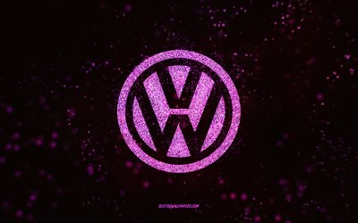 Volkswagen glitter logo, 4k, black background, Volkswagen logo, pink glitter art, Volkswagen, creative art, Volkswagen pink glitter logo