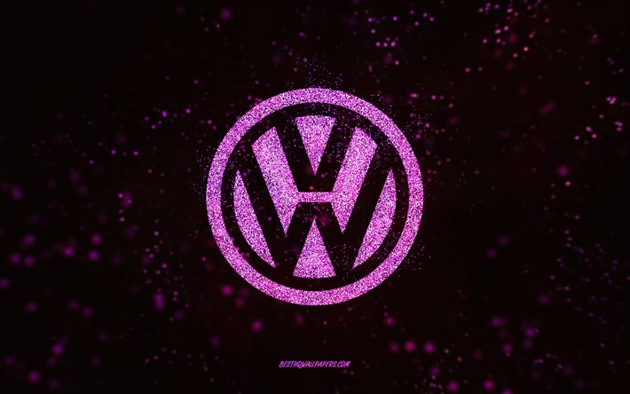 Volkswagen glitter-logo, 4k, musta tausta, Volkswagen-logo, vaaleanpunainen kimallustaide, Volkswagen, creative art, Volkswagen-vaaleanpunainen kimallus-logo