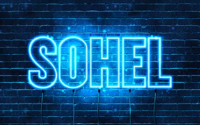 Sohel, 4k, pap&#233;is de parede com nomes, nome de Sohel, luzes de n&#233;on azuis, Feliz Anivers&#225;rio Sohel, nomes masculinos &#225;rabes populares, imagem com o nome de Sohel