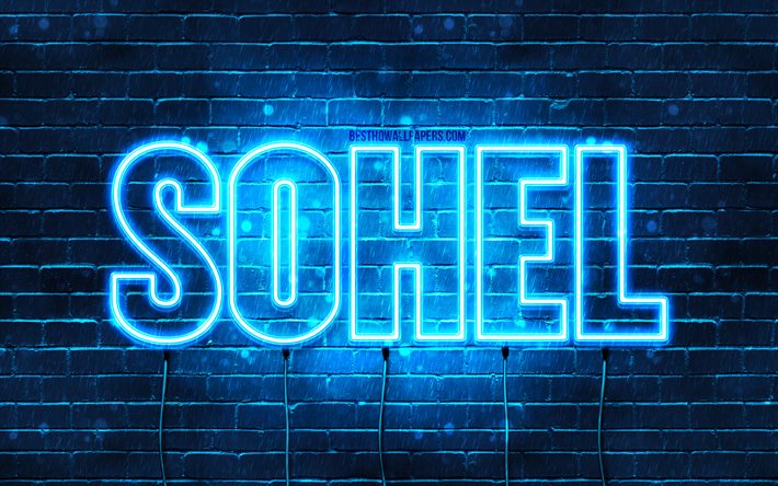 Sohel, 4k, bakgrundsbilder med namn, Sohel namn, bl&#229; neonljus, Grattis p&#229; f&#246;delsedagen Sohel, popul&#228;ra arabiska manliga namn, bild med Sohel namn