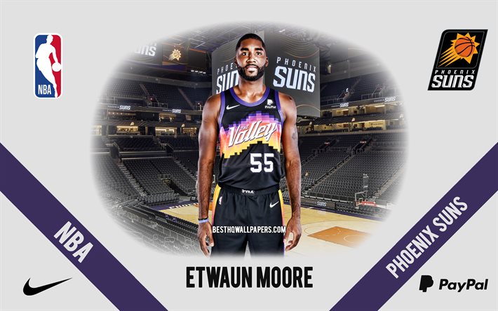 ETwaun Moore, Phoenix Suns, joueur am&#233;ricain de basket-ball, NBA, portrait, USA, basket-ball, Phoenix Suns Arena, logo Phoenix Suns