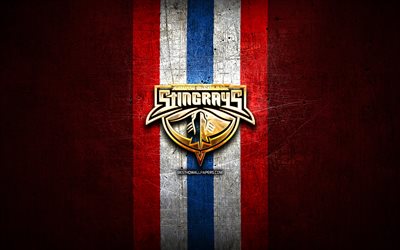 South Carolina Stingrays, golden logo, ECHL, red metal background, american hockey team, South Carolina Stingrays logo, hockey