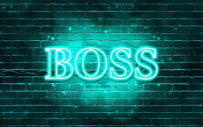 Hugo Boss turkuaz logosu, 4k, turkuaz brickwall, Hugo Boss logosu, moda markaları, Hugo Boss neon logosu, Hugo Boss
