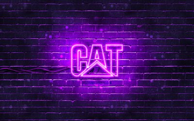 Caterpillar violetti logo, 4k, CAT, violetti tiilisein&#228;, Caterpillar logo, tuotemerkit, Caterpillar neon logo, Caterpillar, CAT logo