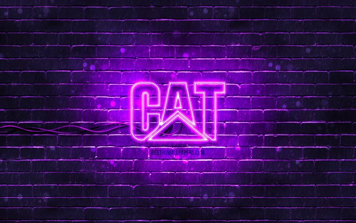 Caterpillar violet logo, 4k, CAT, violet brickwall, Caterpillar logo, brands, Caterpillar neon logo, Caterpillar, CAT logo