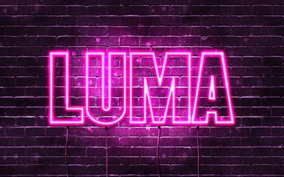 Luma, 4k, pap&#233;is de parede com nomes, nomes femininos, nome Luma, luzes de n&#233;on roxas, Feliz Anivers&#225;rio Luma, nomes femininos &#225;rabes populares, imagem com o nome Luma