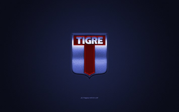 CA Tigre, clube de futebol argentino, logotipo vermelho, fundo azul de fibra de carbono, Primera B Nacional, futebol, Victoria, Argentina, logotipo do CA Tigre