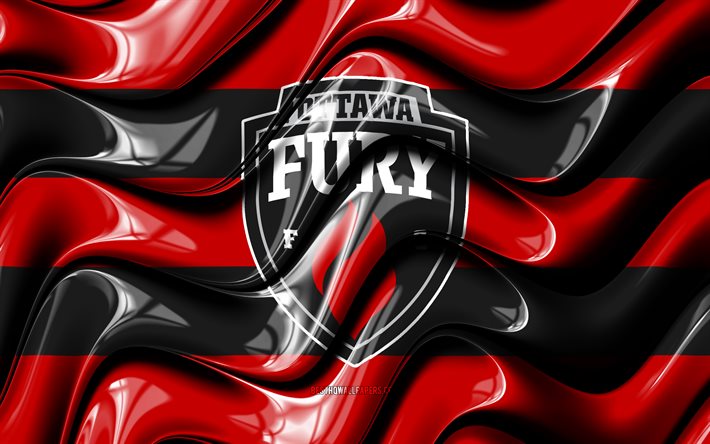 Ottawa Fury -lippu, 4k, punaiset ja mustat 3D-aallot, USL, kanadalainen jalkapallojoukkue, Ottawa Fury -logo, jalkapallo, Ottawa Fury FC