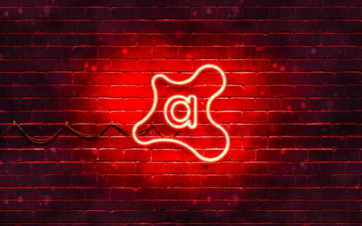 アバストレッドのロゴ, 4k, 赤レンガの壁, アバストロゴ, ウイルス対策ソフトウェア, アバストネオンロゴ, Avast! antivirus