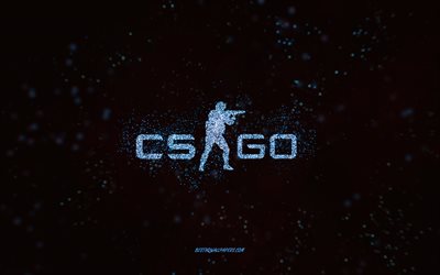 Logotipo com glitter CS GO, fundo preto, logotipo CS GO, Counter-Strike, arte com glitter azul, CS GO, arte criativa, logotipo com glitter azul CS GO, Counter-Strike Global Offensive