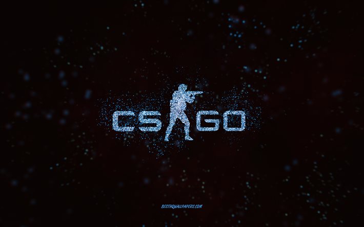Logo CS GO glitterato, sfondo nero, logo CS GO, Counter-Strike, arte glitterata blu, CS GO, arte creativa, logo CS GO blu glitterato, Counter-Strike Global Offensive