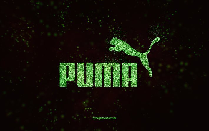 Puma glitter-logo, 4k, musta tausta, Puma-logo, vihre&#228; kimallustaide, Puma, creative art, Puma green glitter-logo